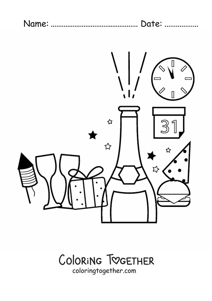 Coloring page of a New Year gift, a bottle and glasses