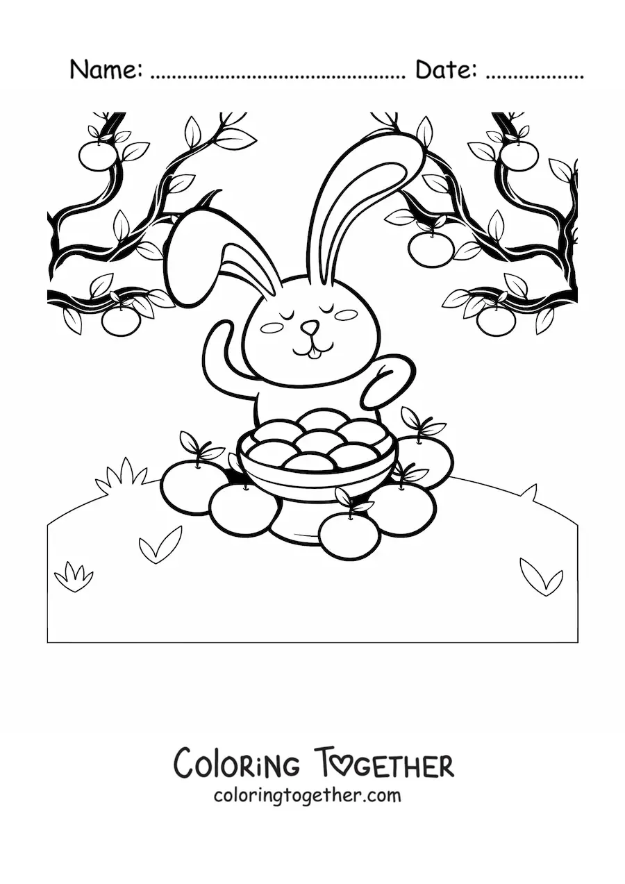 Coloring page of a rabbit with oranges celebrating Chuseok