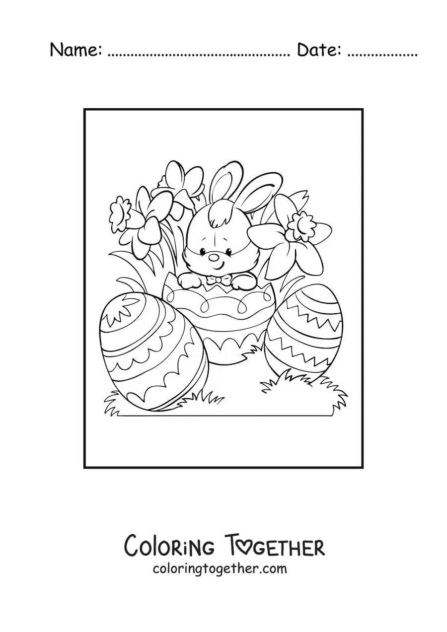 Coloring page of a kawaii rabbit with three Easter eggs and flowers