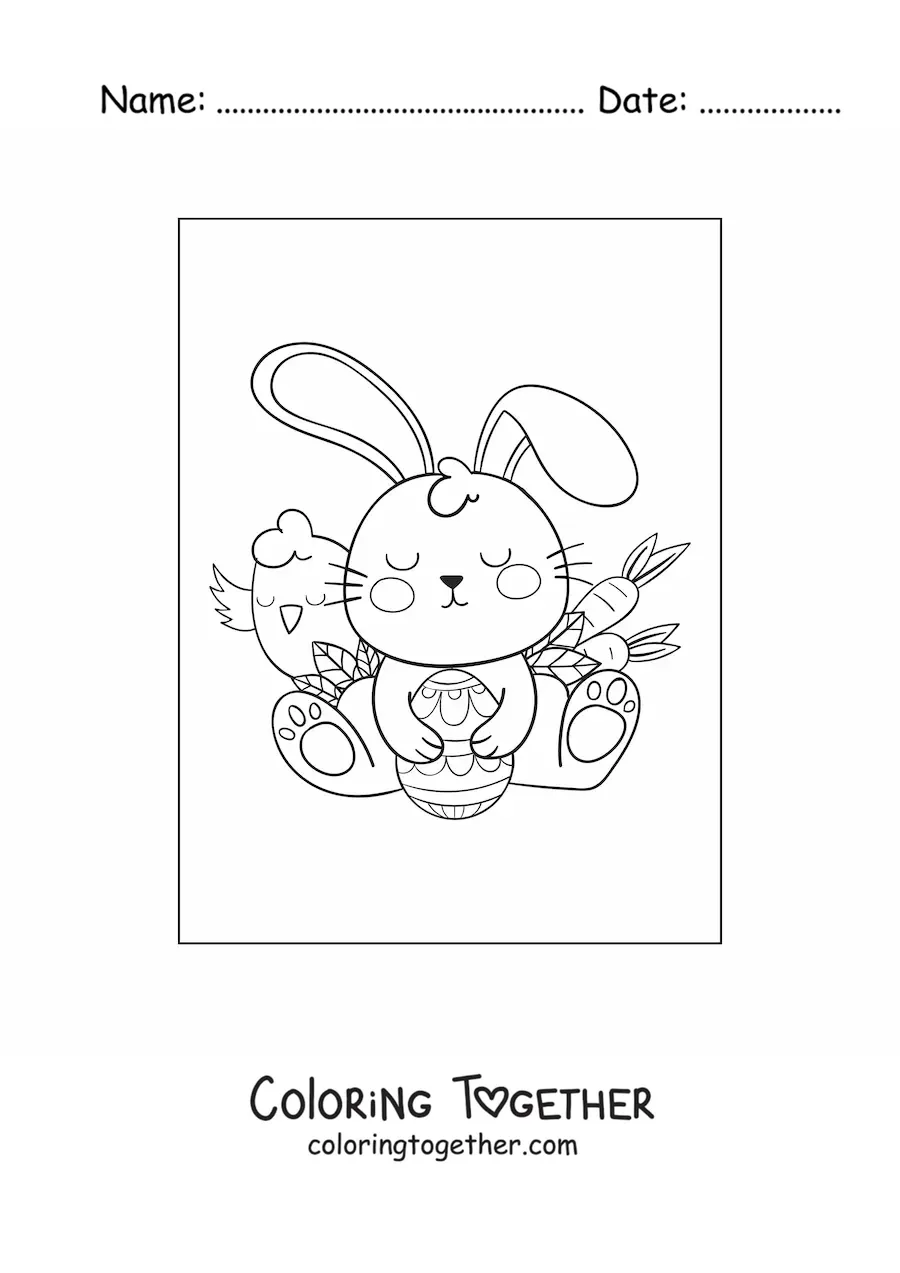 Coloring page of a kawaii rabbit with Easter eggs and carrots