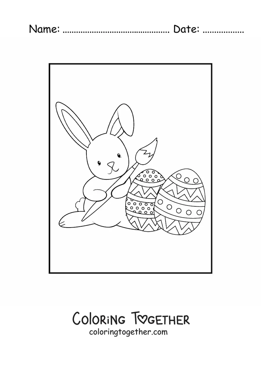 Coloring page of a kawaii rabbit decorating Easter eggs with a paintbrush