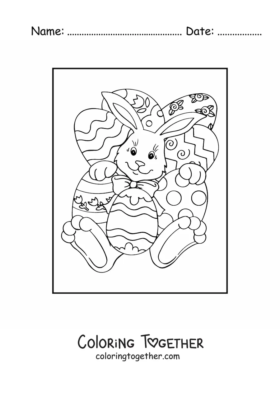 Coloring page of a cartoon rabbit with several Easter eggs