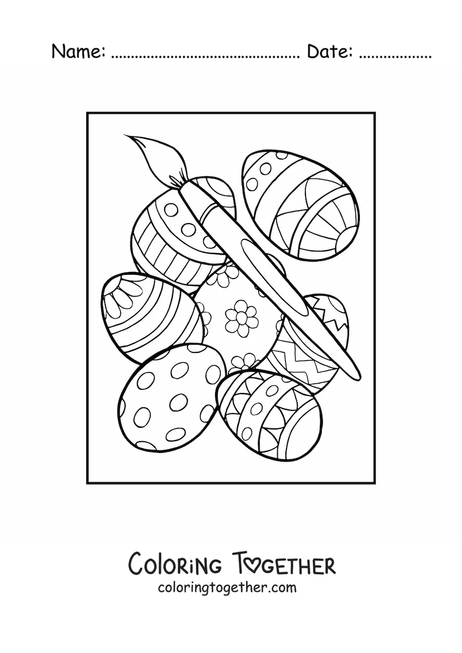Coloring page of several Easter eggs and a paintbrush