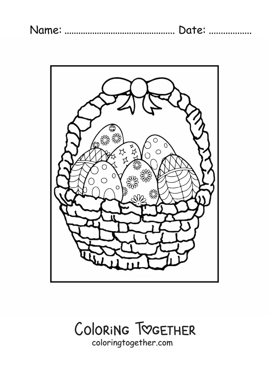 Coloring page of a basket with Easter eggs