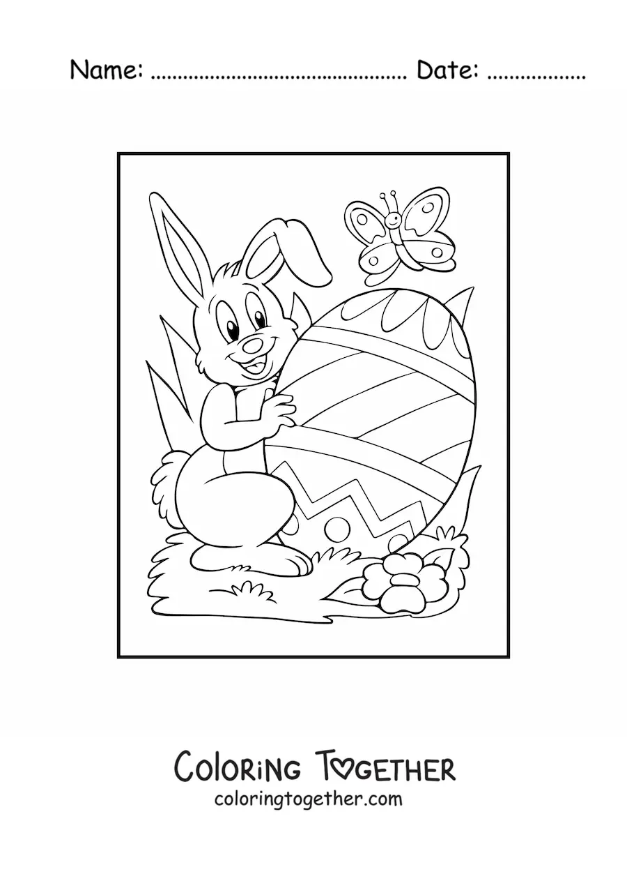 Coloring page of a cartoon rabbit with an Easter egg and a butterfly