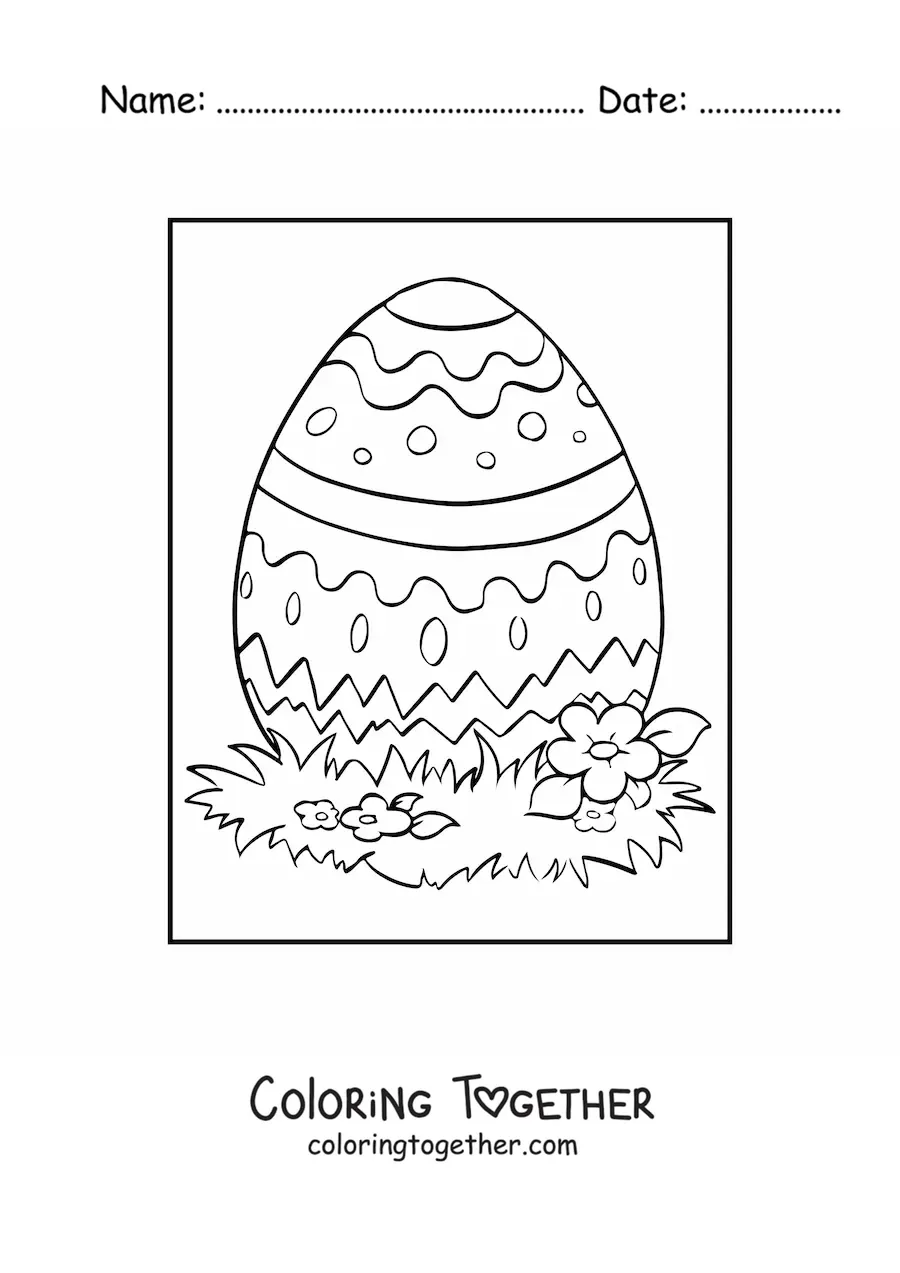Coloring page of an Easter egg on the grass with flowers