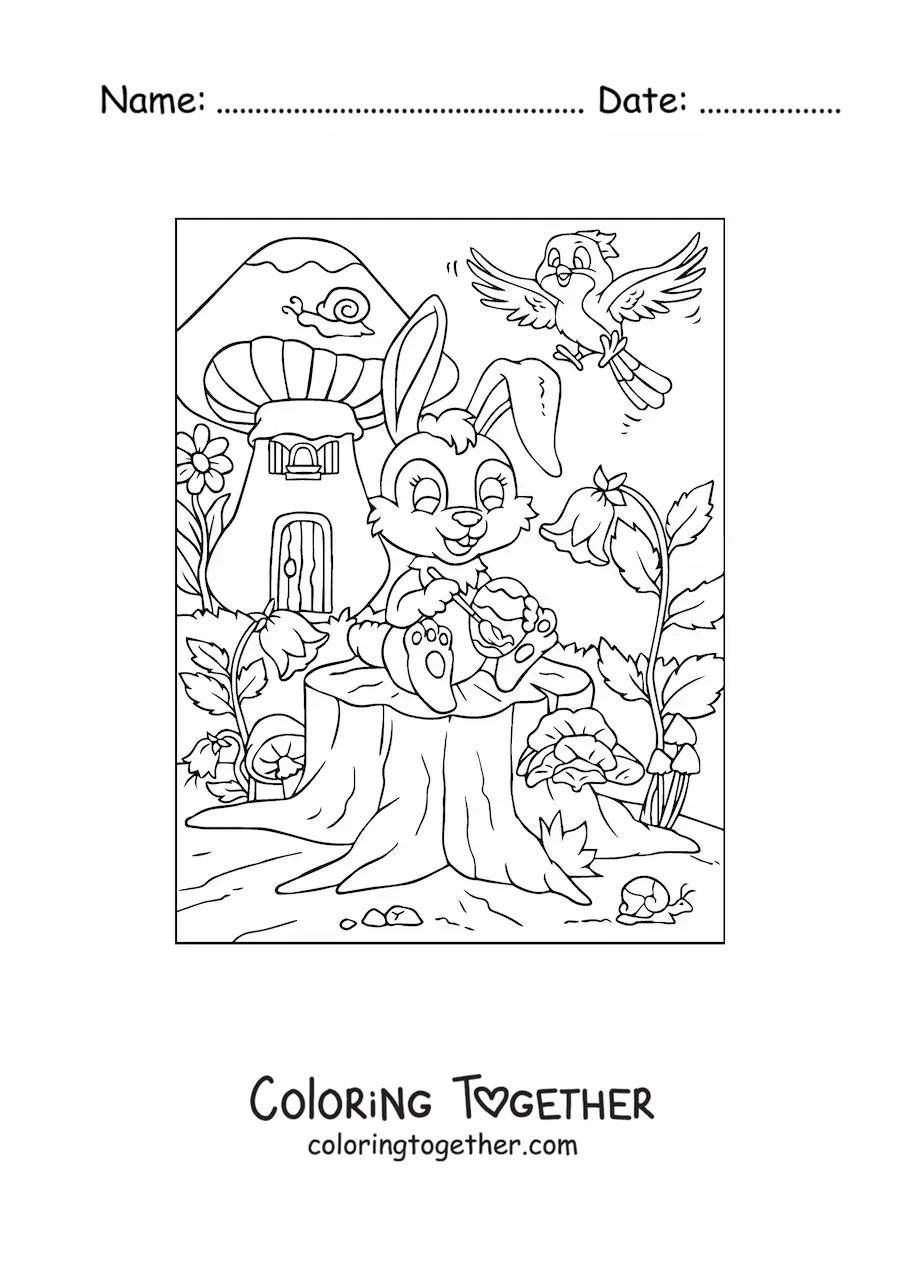 Coloring page of a cartoon rabbit painting an Easter egg