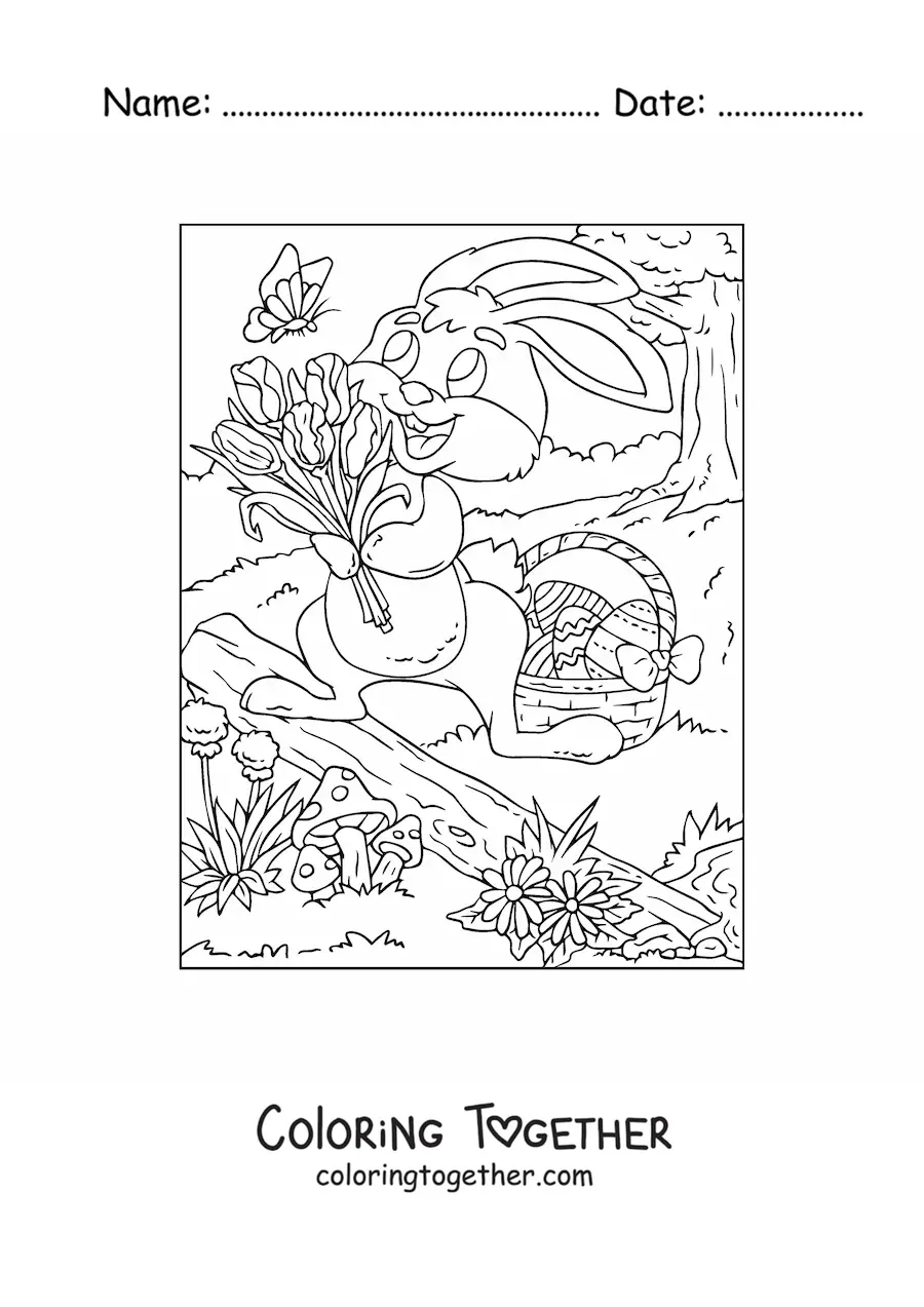 Coloring page of an Easter bunny with a bouquet of flowers