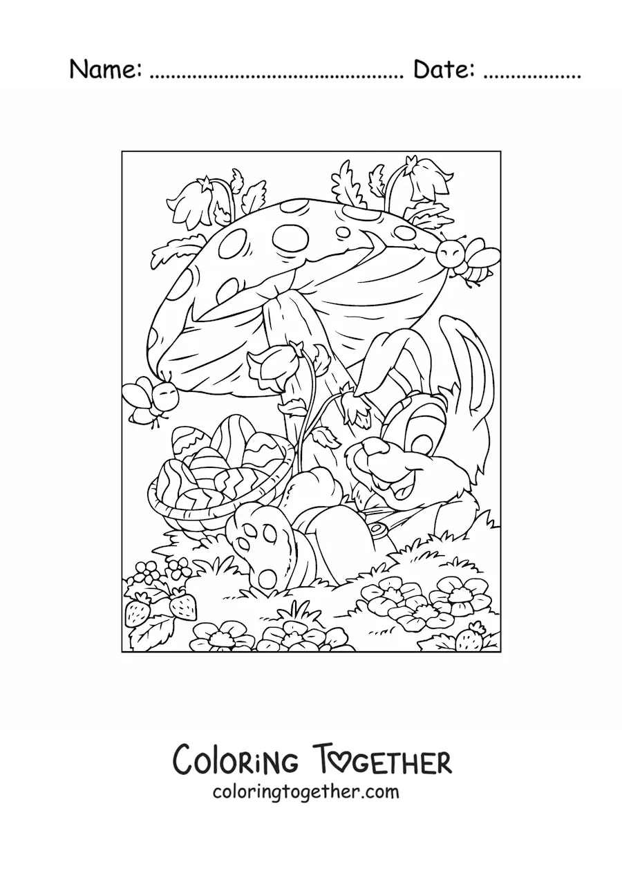 Coloring page of the Easter bunny in spring