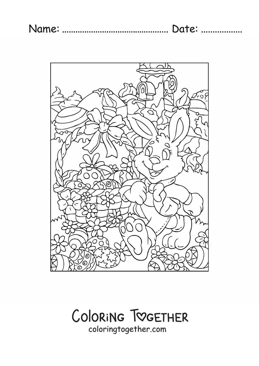 Coloring page of the cartoon rabbit with a basket of Easter eggs