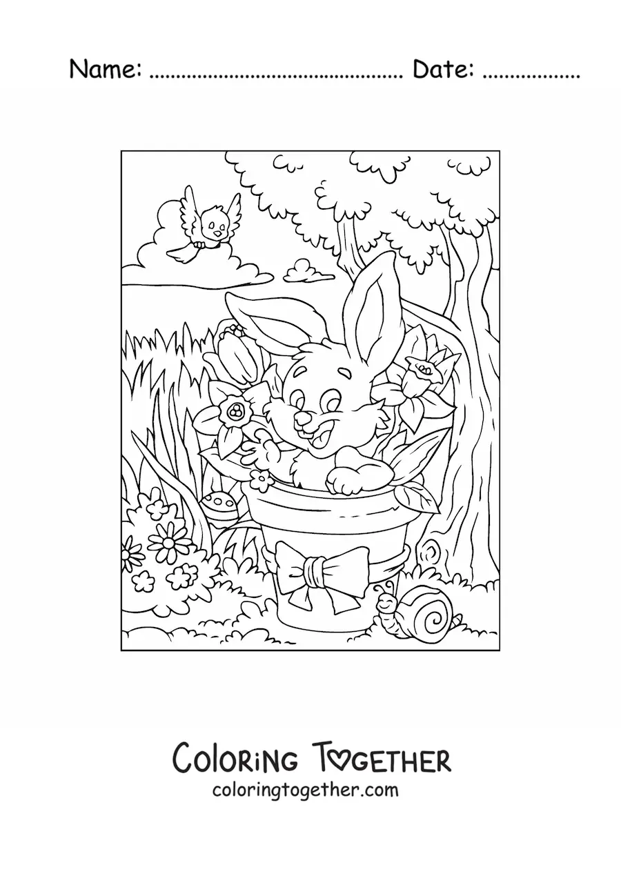 Coloring page of the Easter bunny in the garden