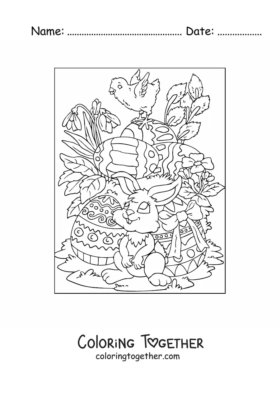 Coloring page of the Easter bunny with eggs and a chick