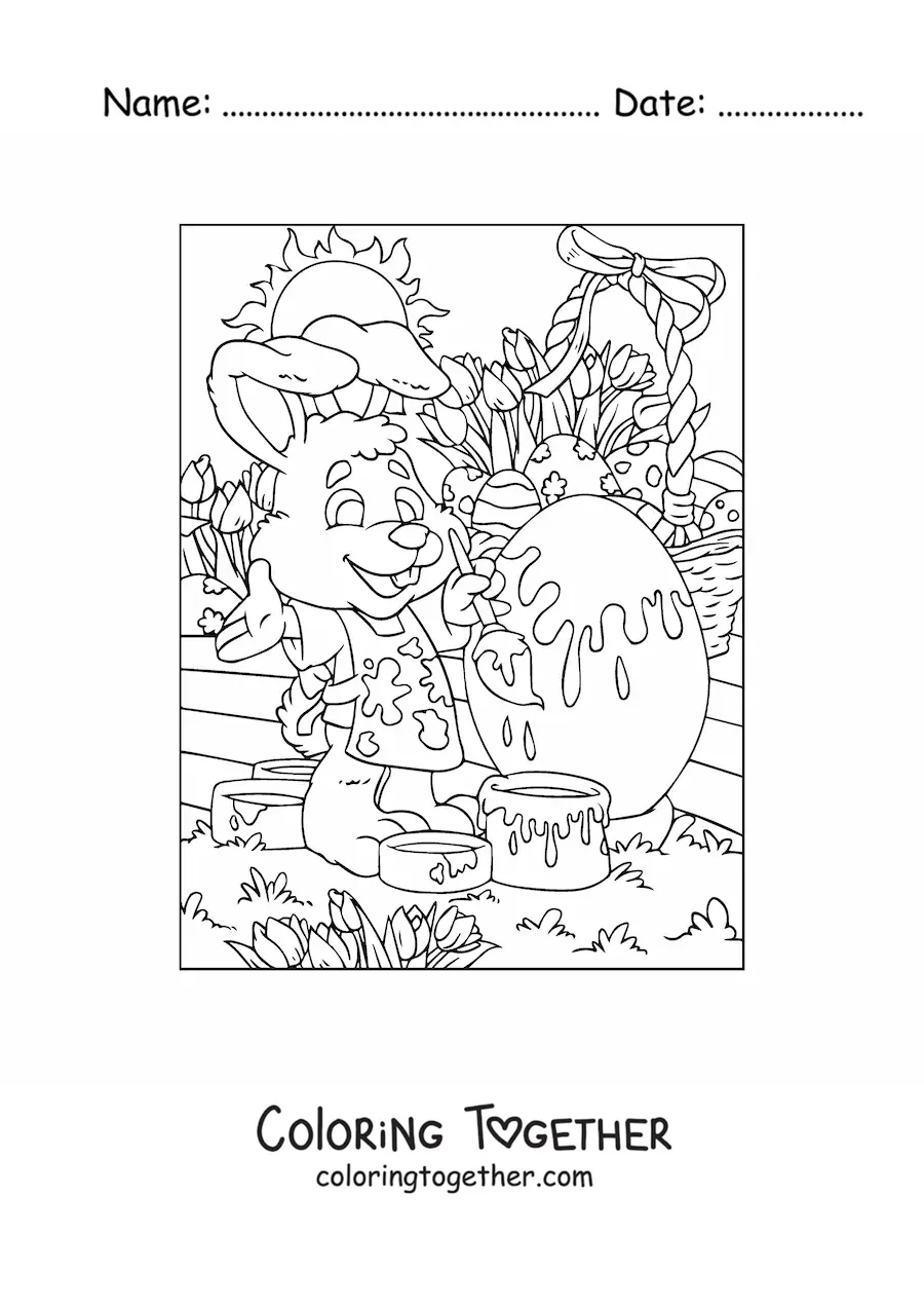 Coloring page of the Easter bunny painting an egg