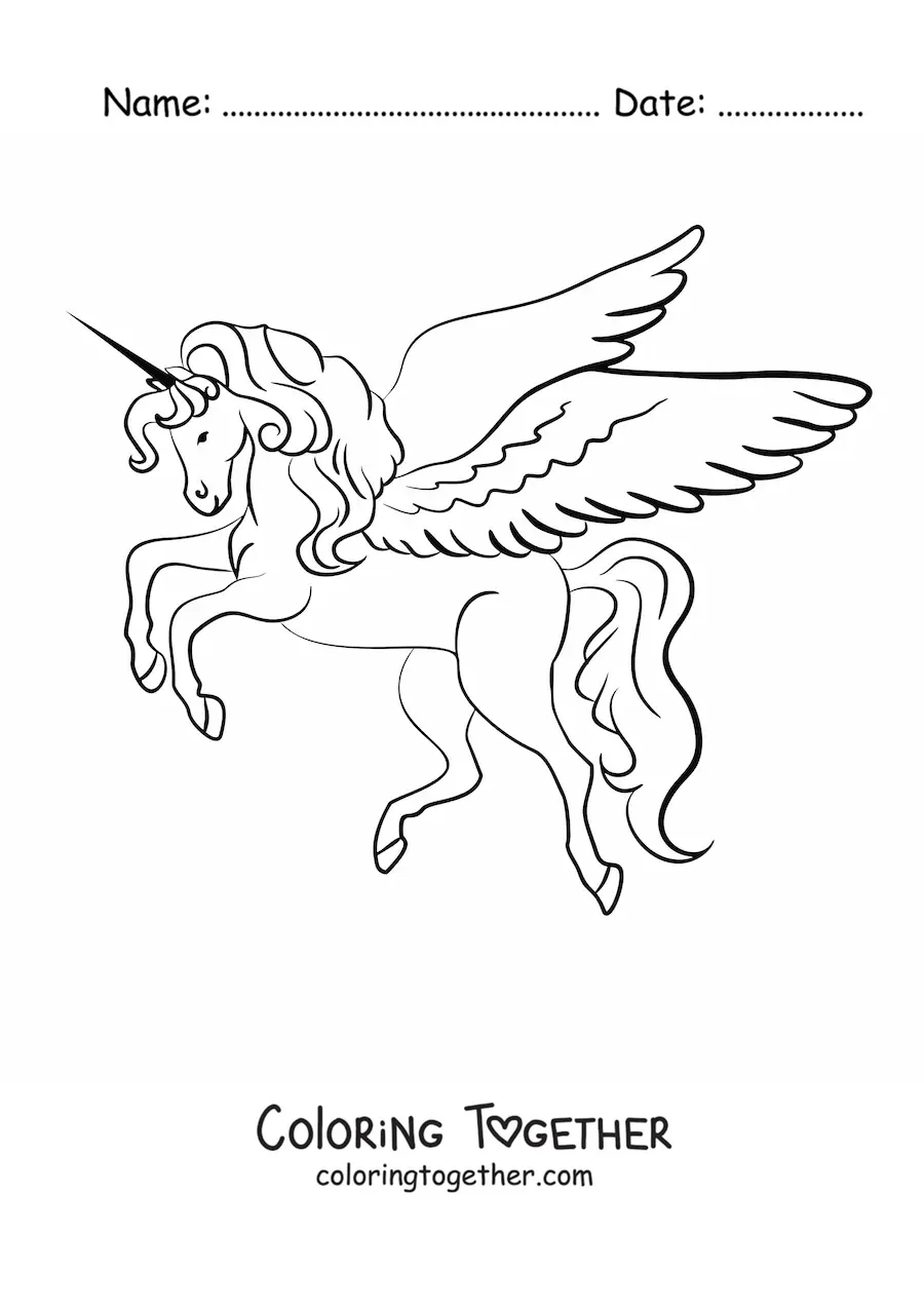 Coloring page of a unicorn with wings on two legs