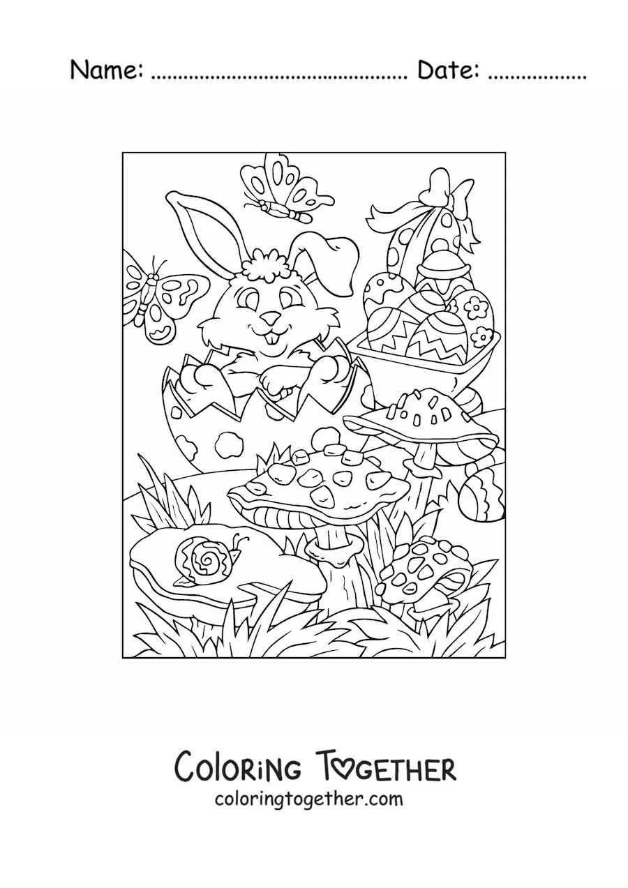 Coloring page of a rabbit with a basket of Easter eggs in the garden