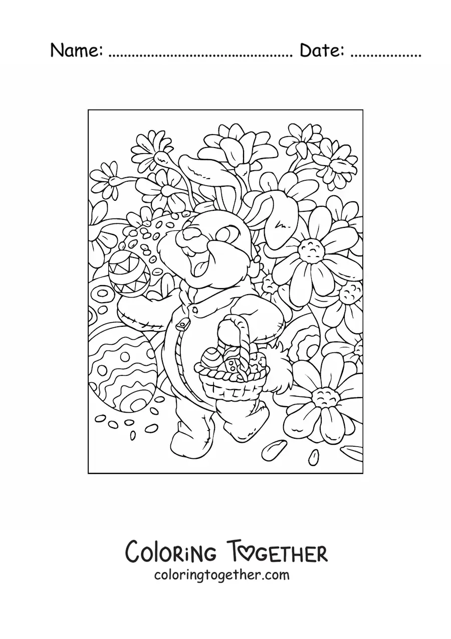 Coloring page of a rabbit handing out Easter eggs
