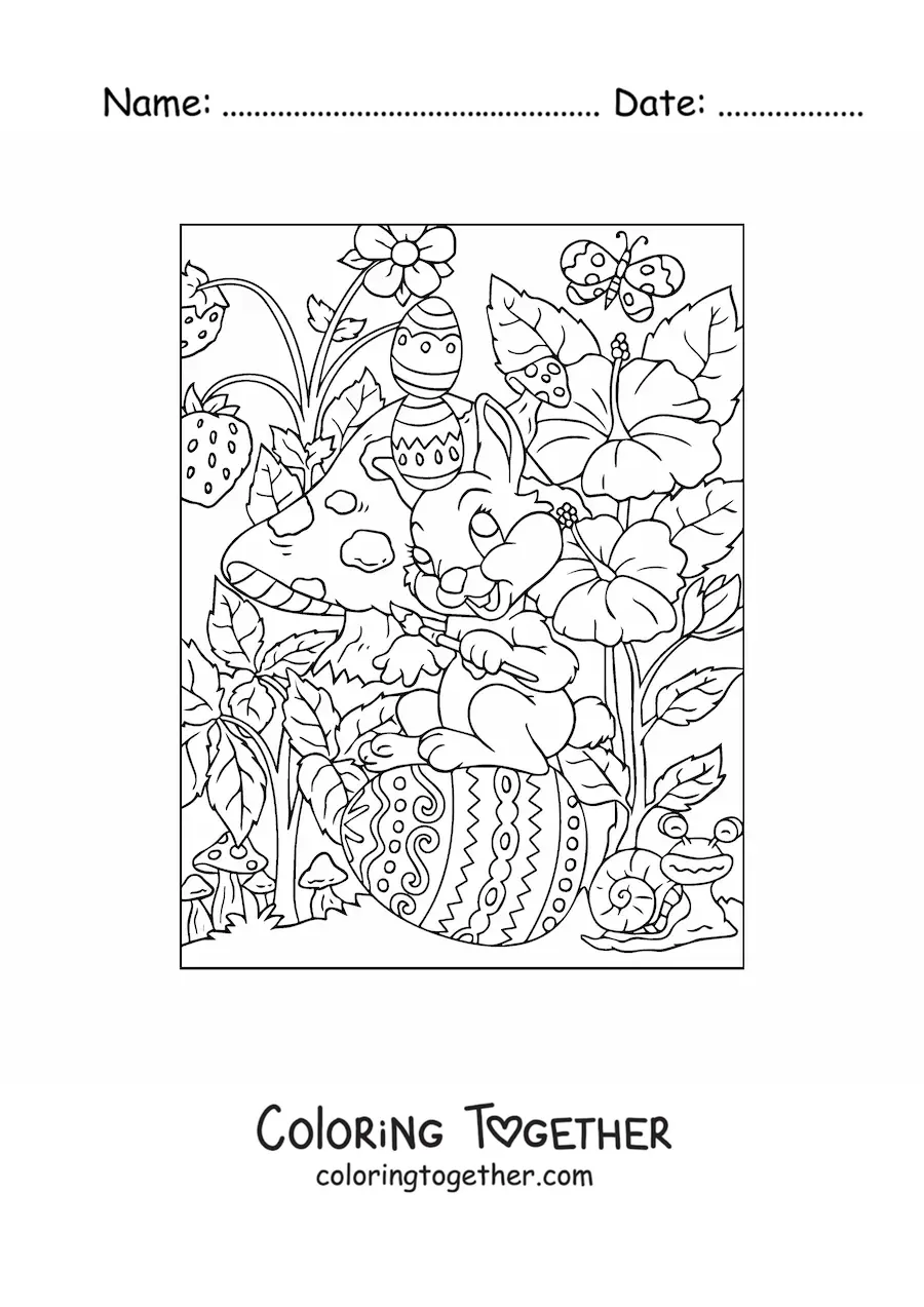 Coloring page of a rabbit with a paintbrush and Easter eggs in the garden