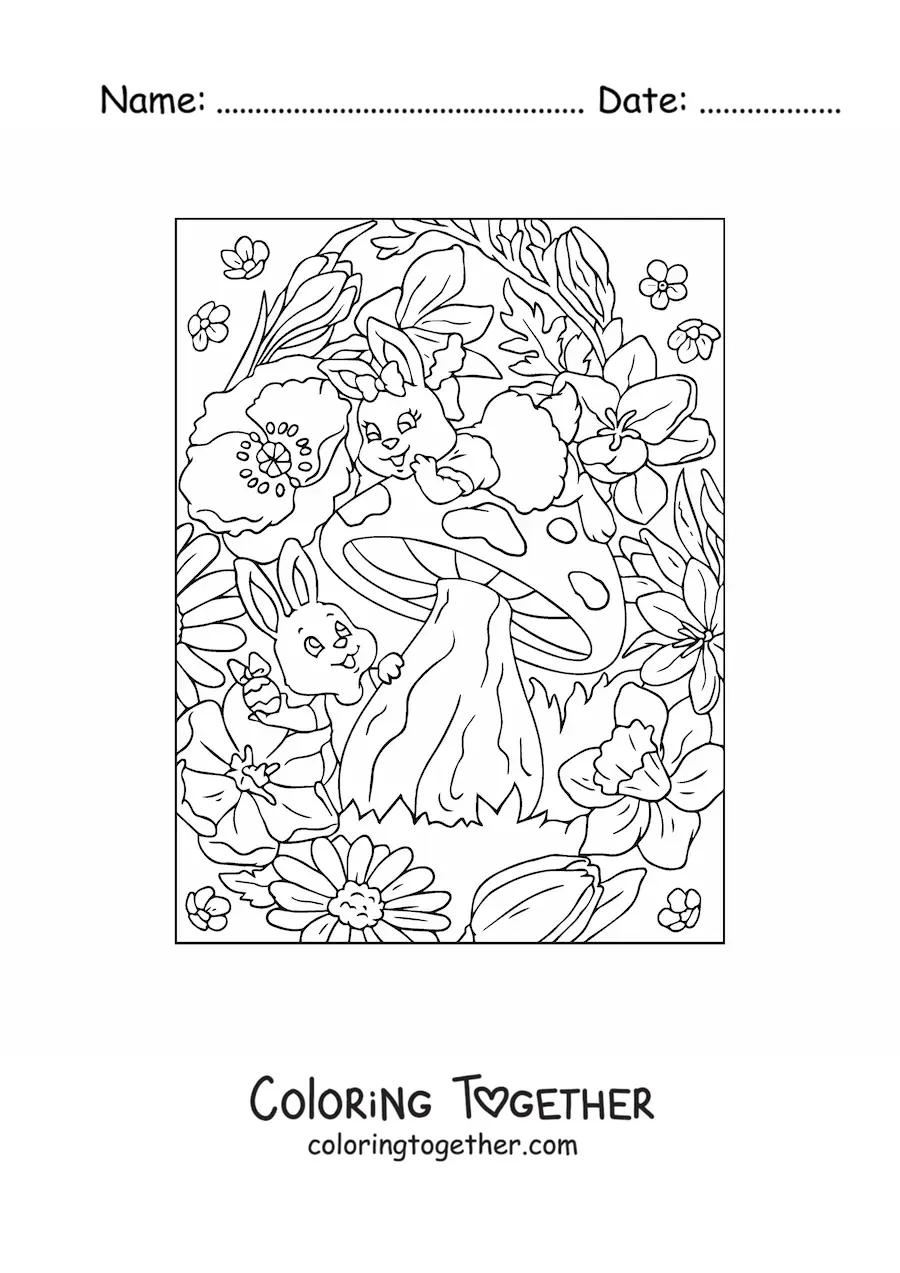 Coloring page of two cartoon rabbits with small Easter eggs
