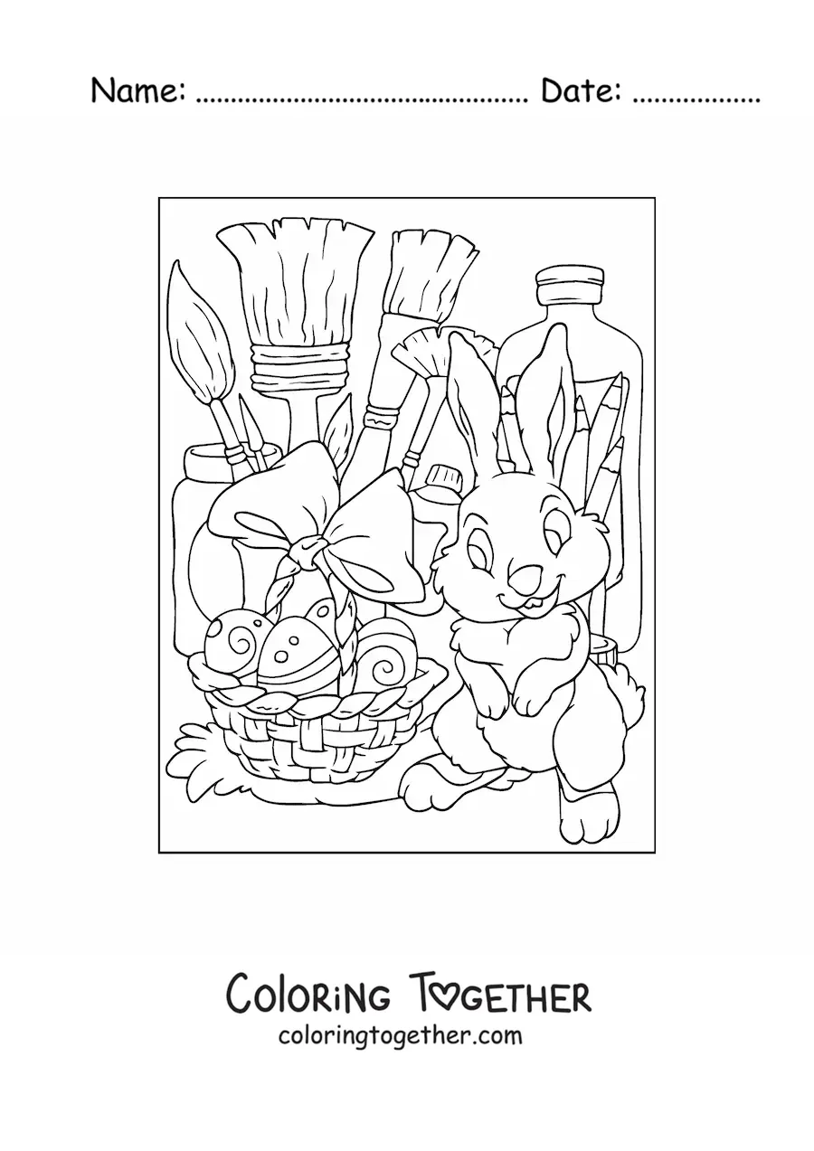 Coloring page of an Easter bunny and art supplies