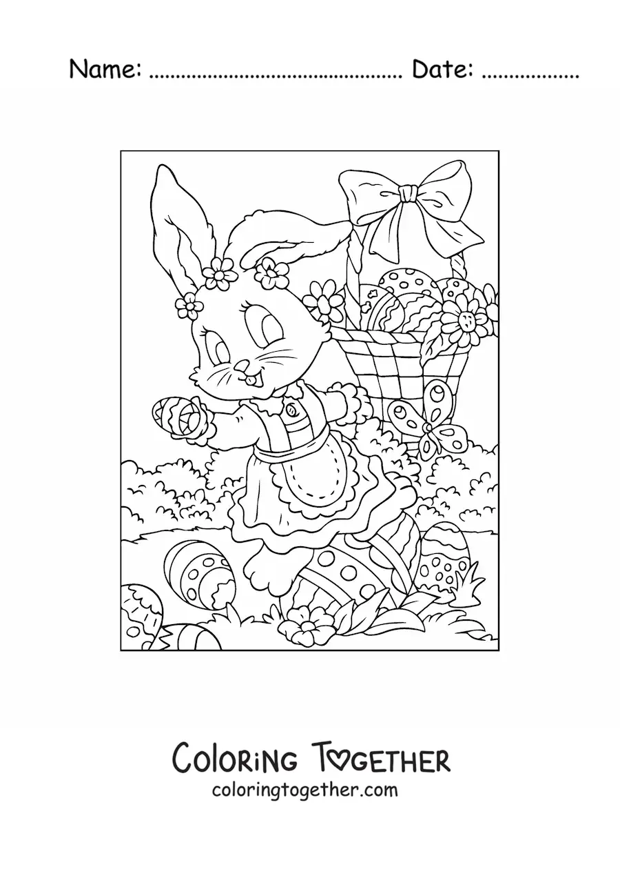 Coloring page of a female Easter bunny handing out eggs