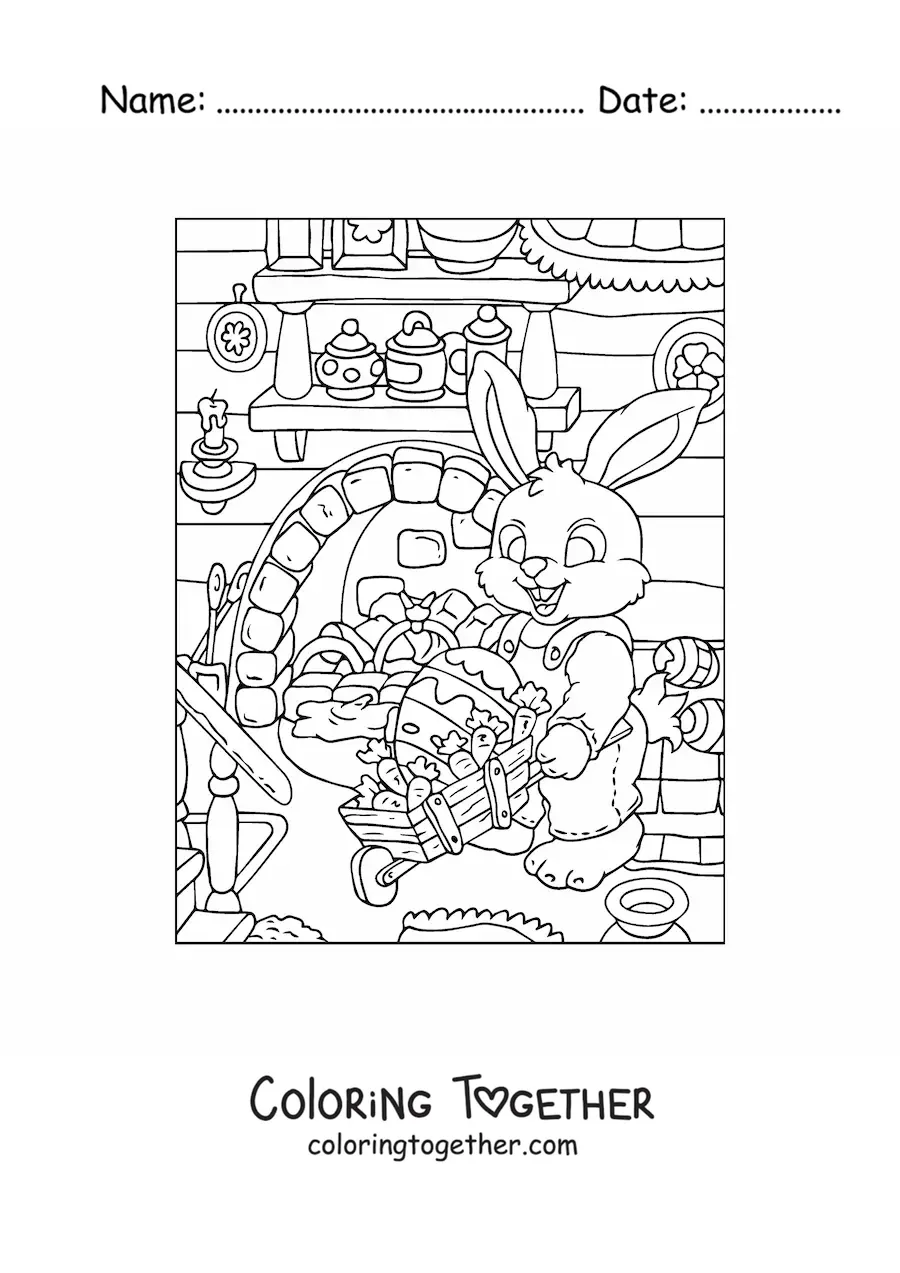 Coloring page of the Easter bunny with a wheelbarrow