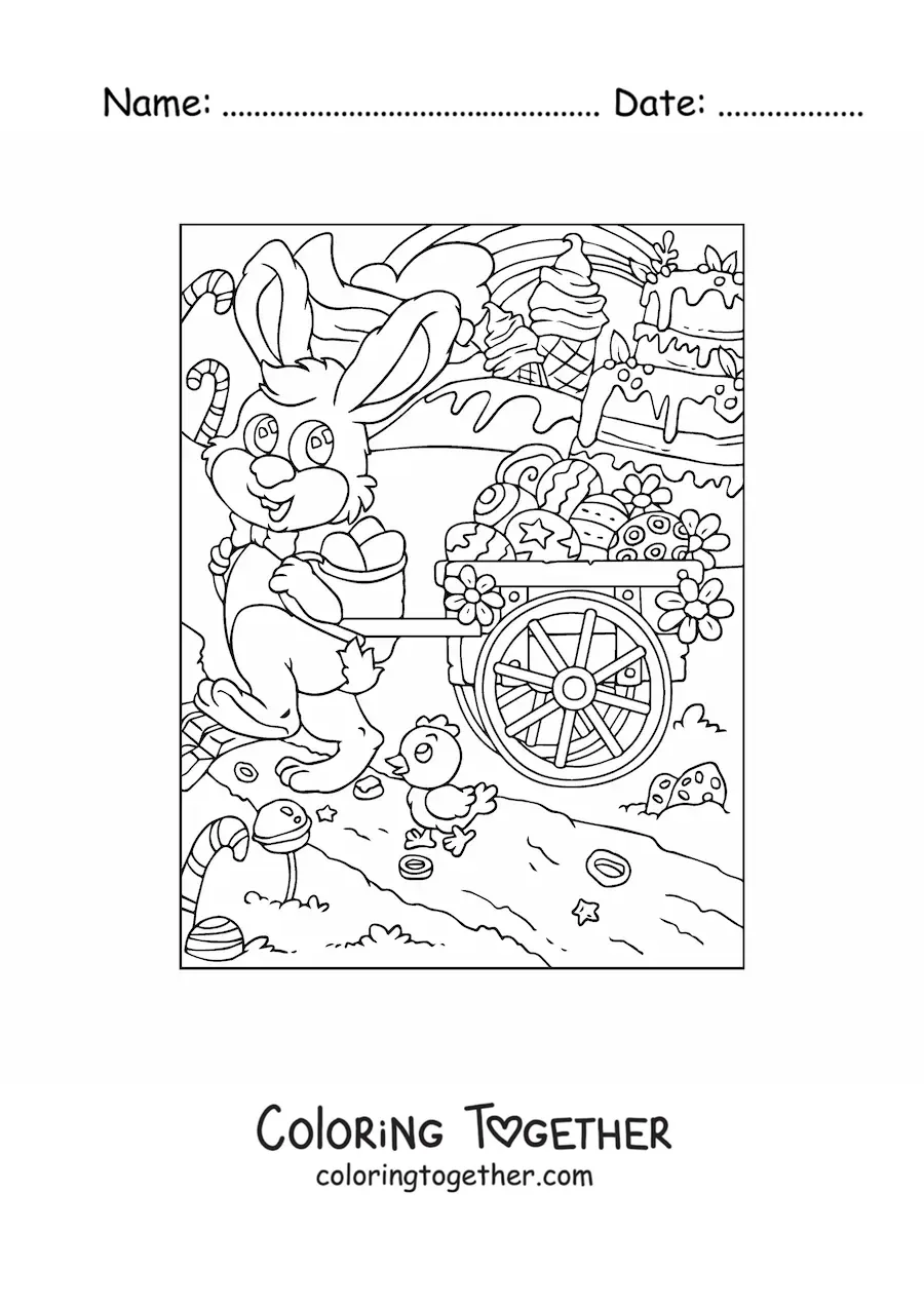Coloring page of a rabbit with a wheelbarrow full of Easter eggs