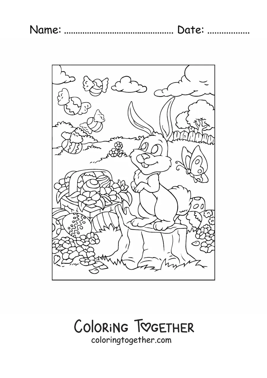 Coloring page of a rabbit with cartoon Easter eggs