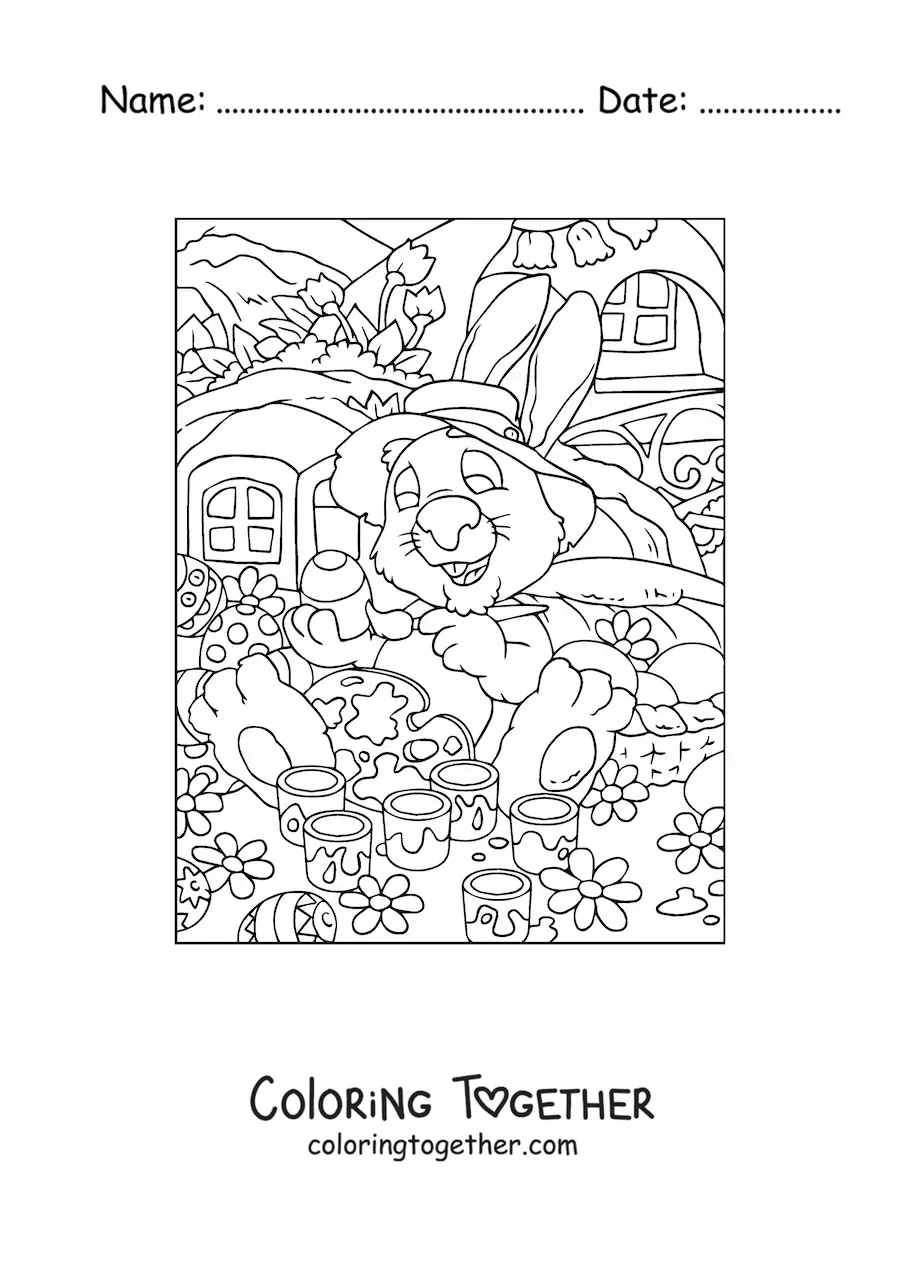Coloring page of the Easter bunny with a hat painting eggs