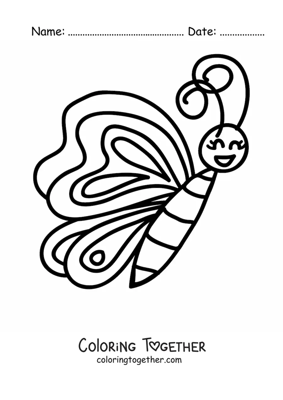 Coloring page of a smiling kawaii butterfly