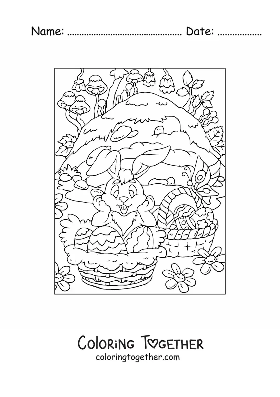 Coloring page of a cartoon rabbit with several baskets of Easter eggs