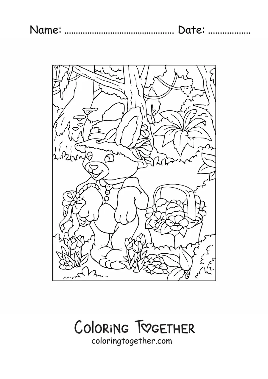 Coloring page of the Easter bunny with a hat and a basket of eggs
