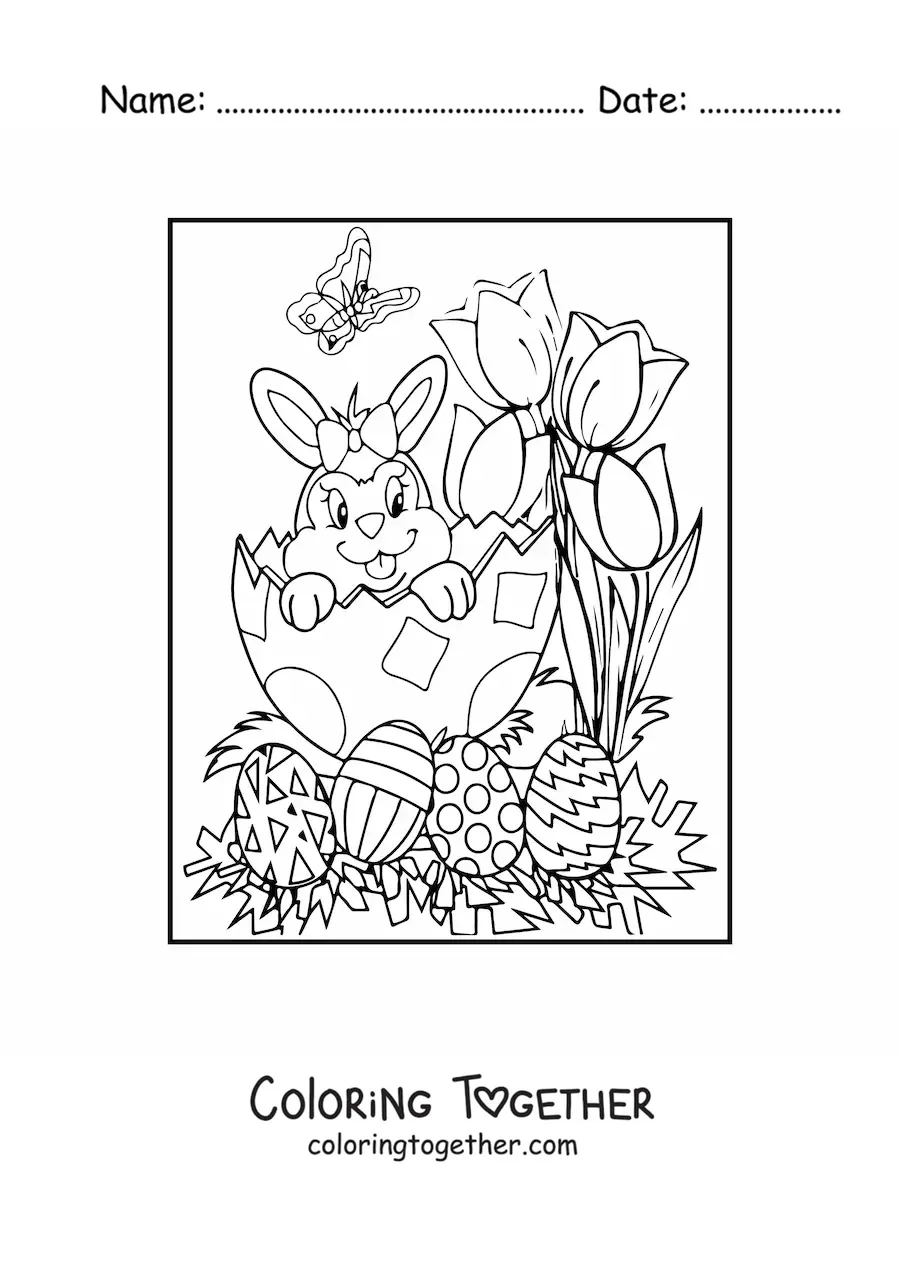 Coloring page of a cartoon female rabbit in an Easter egg with flowers