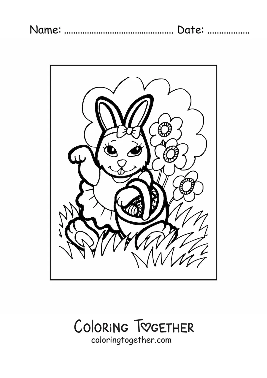 Coloring page of a cartoon female rabbit with Easter eggs and flowers