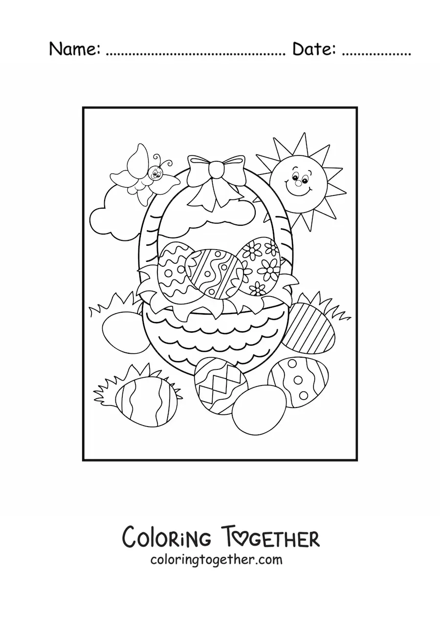 Coloring page of a basket of Easter eggs with a butterfly and a happy sun