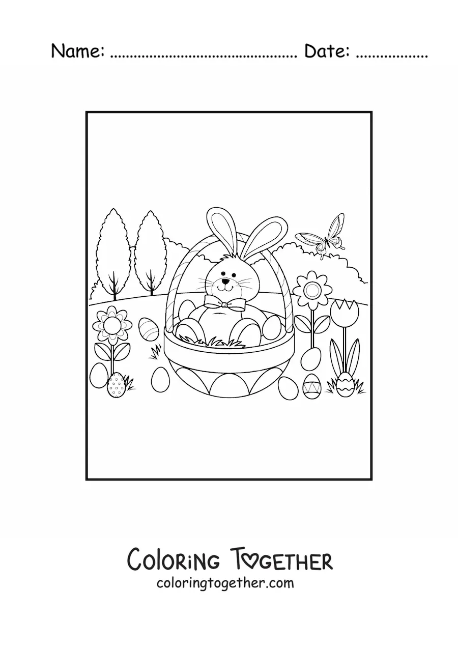 Coloring page of a cartoon rabbit inside an Easter egg
