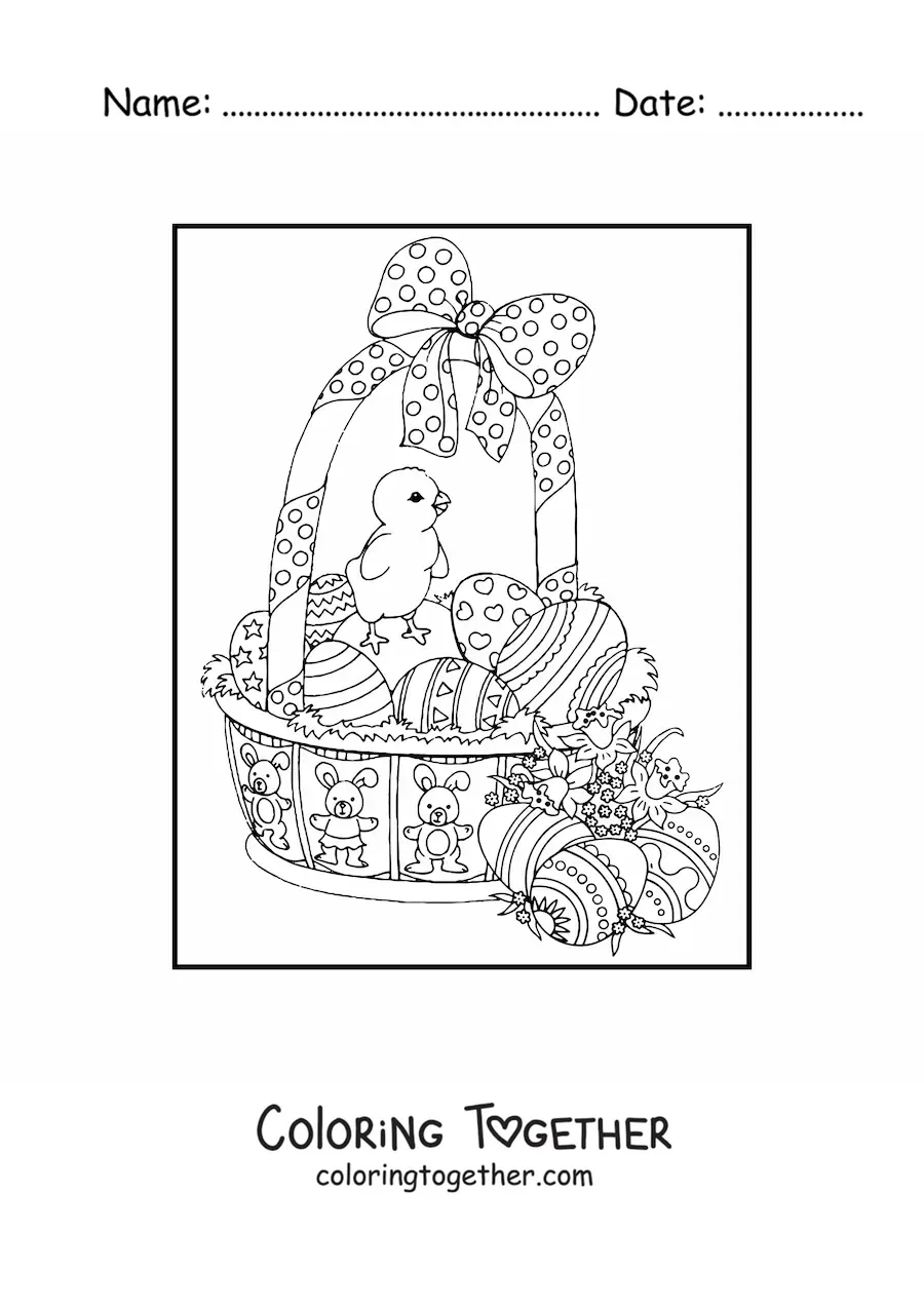 Coloring page of a basket of Easter eggs with a chick and flowers