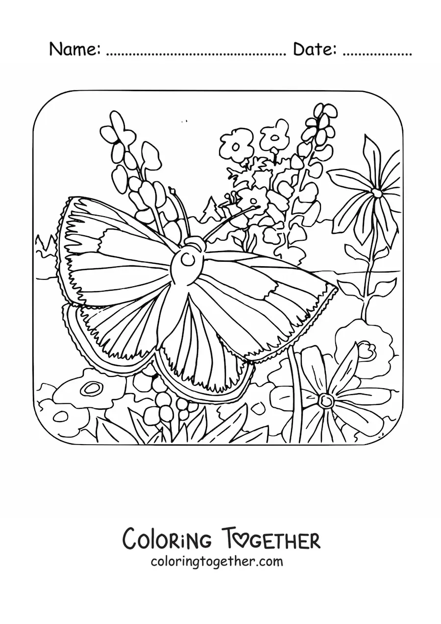 Coloring page of a butterfly resting among flowers
