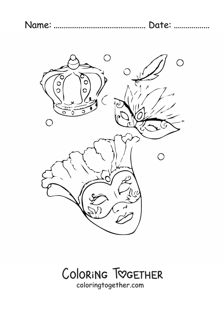 Coloring page of several carnival masks