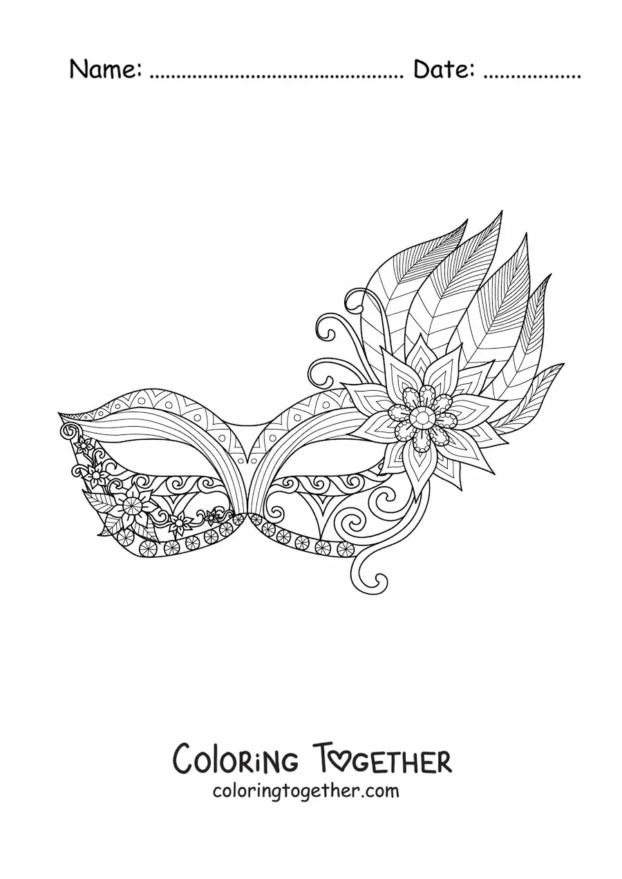 Coloring page of a carnival eye mask with feathers