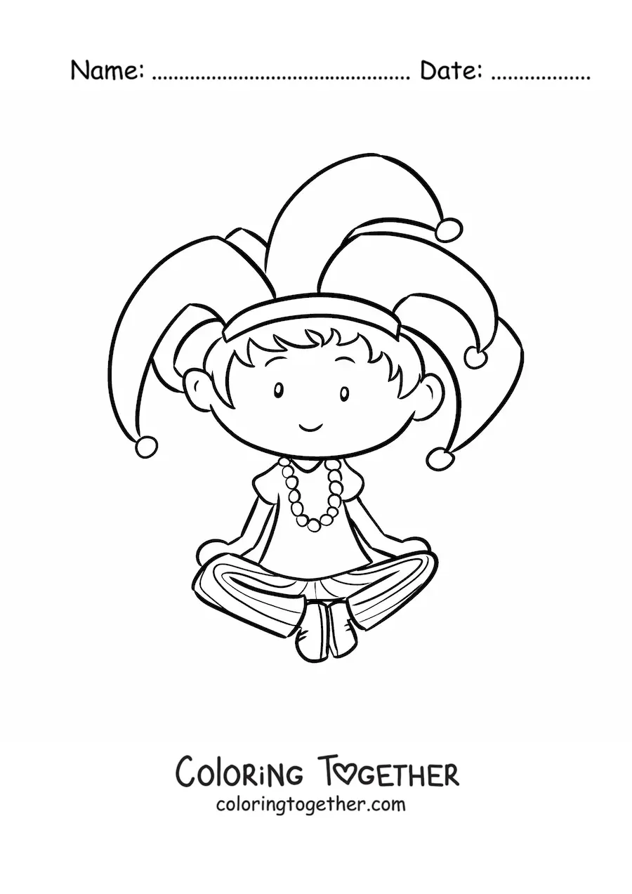 Coloring page of a boy sitting with a carnival hat