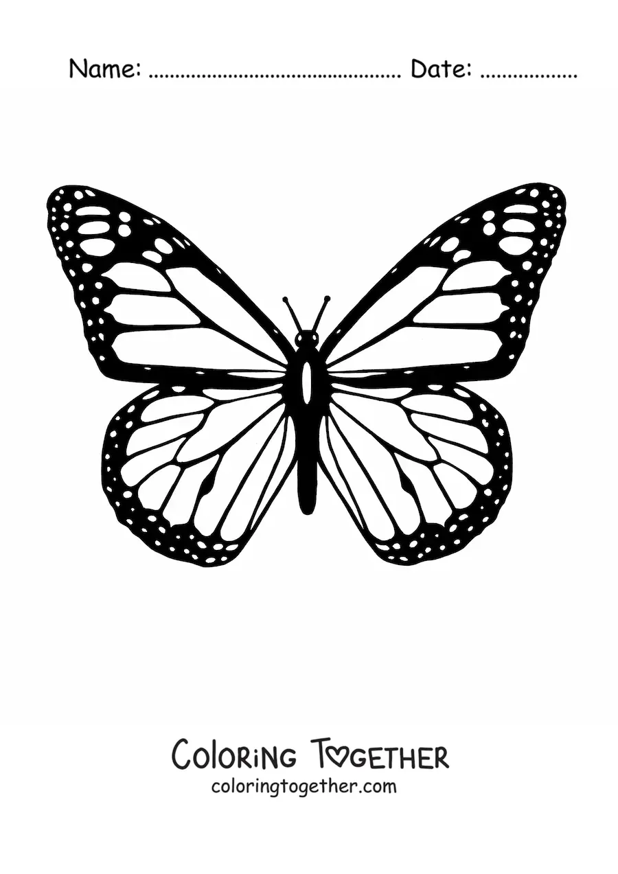 Coloring page of a monarch butterfly with open wings