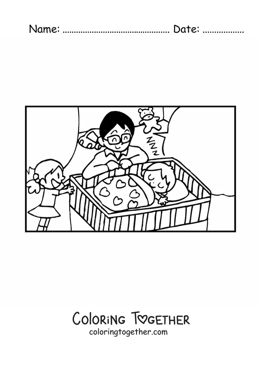 Coloring page of a dad putting his child to sleep