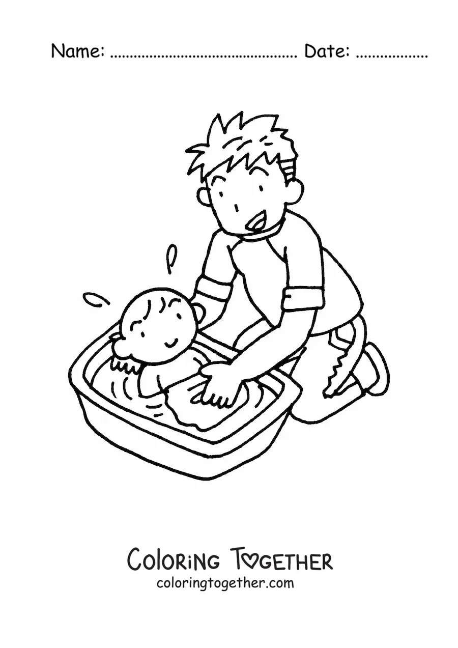 Coloring page of a dad bathing his child