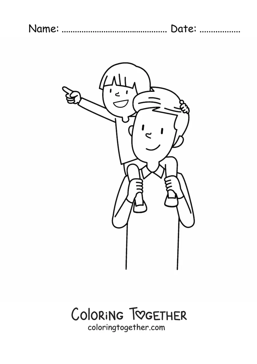 Coloring page of a dad carrying his child