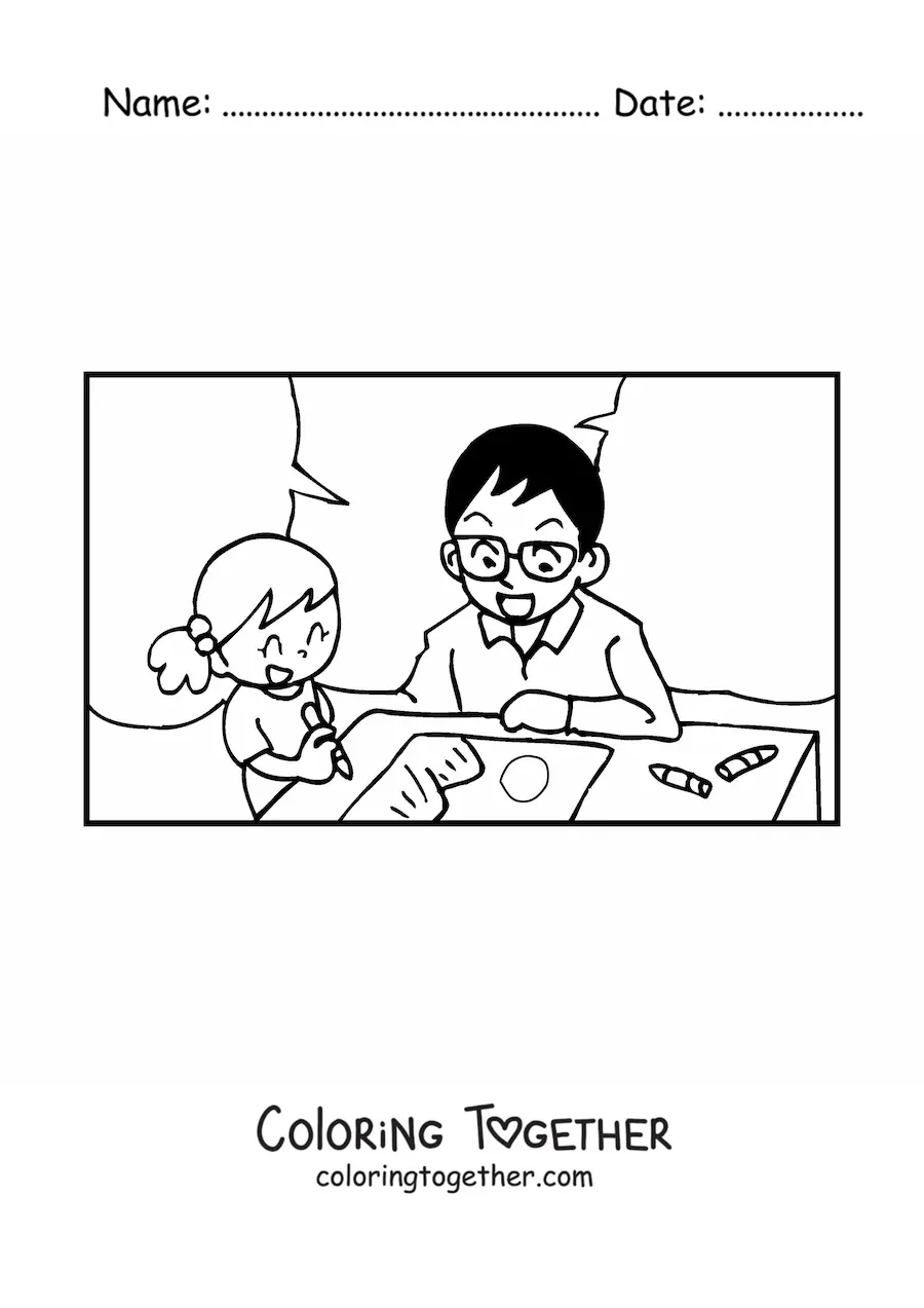 Coloring page of a dad coloring with his daughter