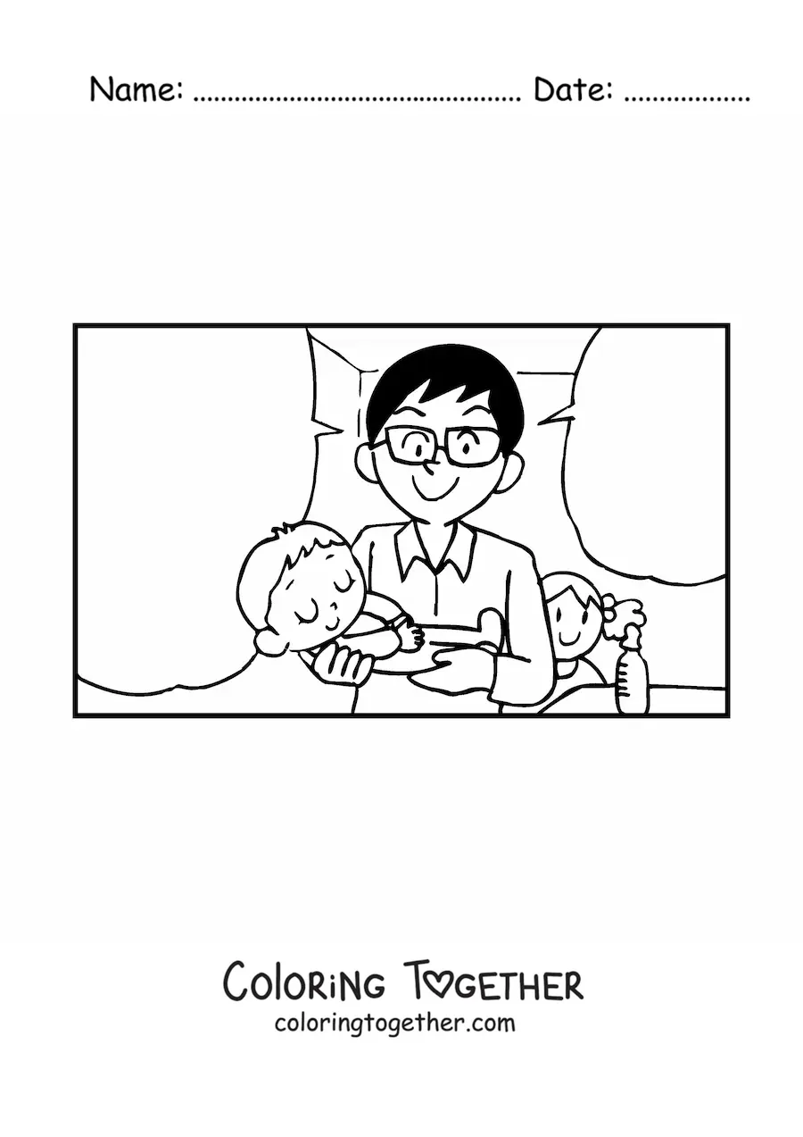 Coloring page of a dad carrying his baby