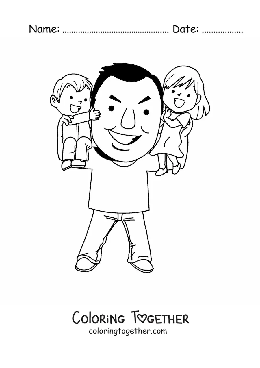 Coloring page of a dad carrying his children