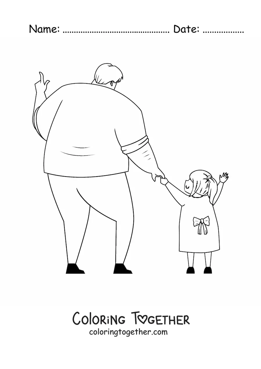 Coloring page of a dad holding hands with his daughter