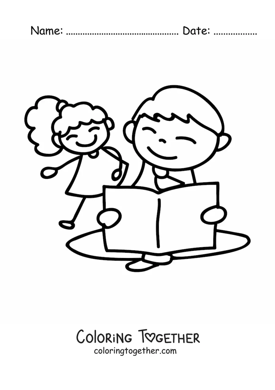Coloring page of a dad reading a story to his daughter