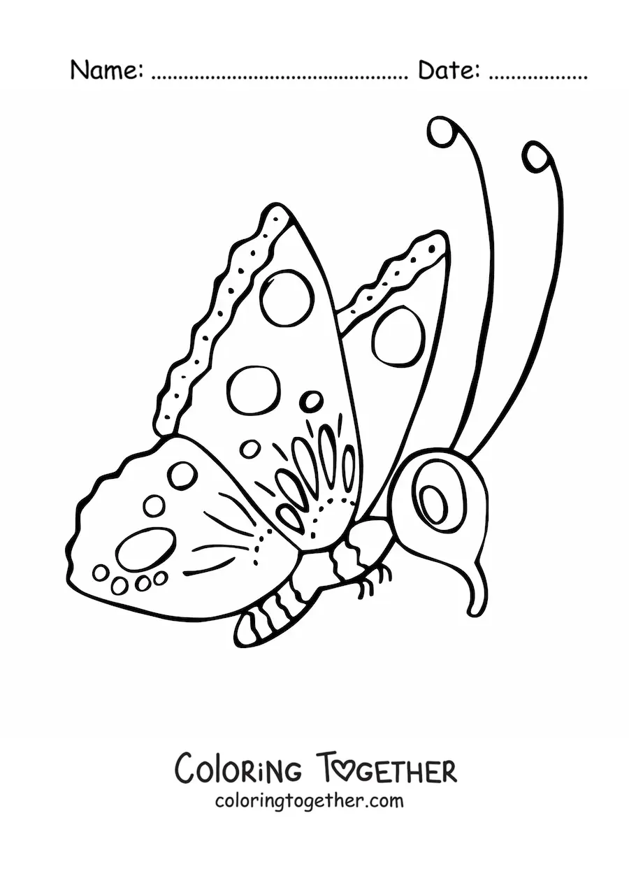 Coloring page of a cartoon butterfly seen in profile